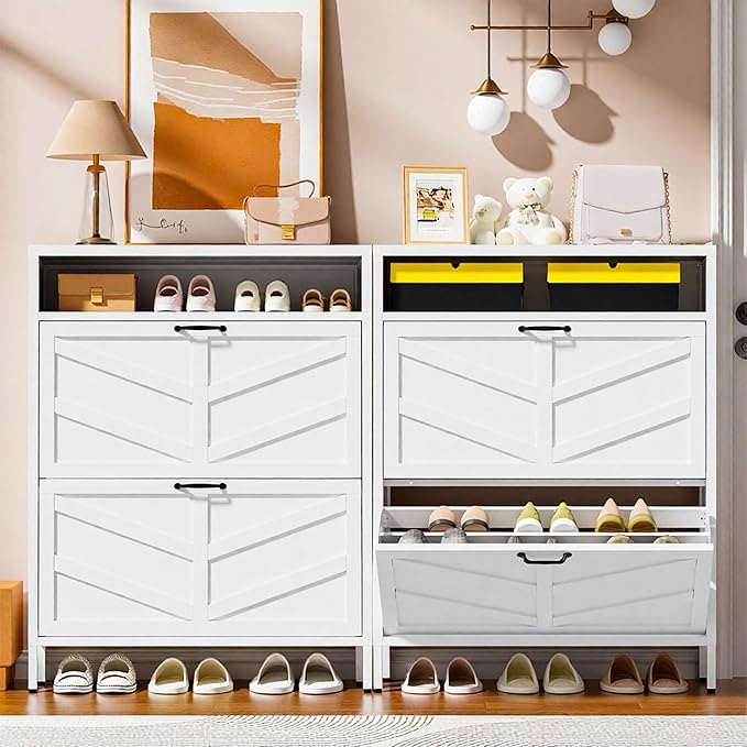 Metal Shoe Storage Cabinet with 2 Flip Drawers,White Shoe Organizer with Leg,Hidden Narrow Shoe Rack Cabinets Freestanding Farmhouse Slim Shoe Cabinet with Open Storage for Entryway Hallway Front Door
