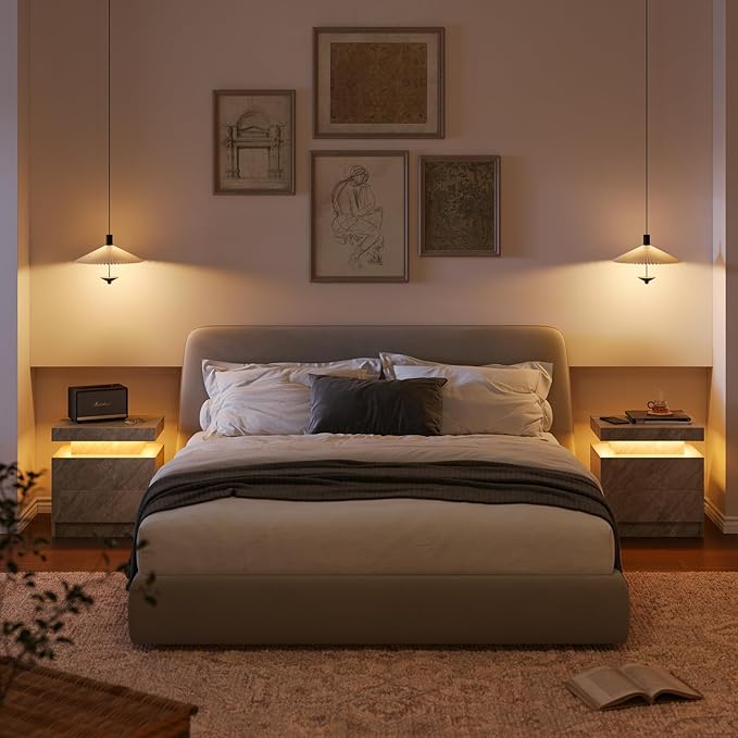 LED Nightstand Modern Bedside Table for Bedroom Night Stand with 2 Wood Drawers End Side Table with 16 Colors LED Strip for Bedroom