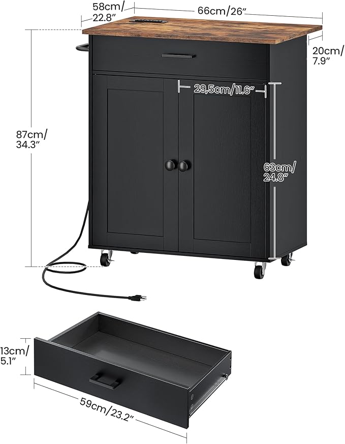 CHOEZON Kitchen Island, Kitchen Island Cart with One Double Cabinet and Drawer, Rolling Storage Cart with Power Strip, with Drop Leaf, for Kitchen, Living Room, Black and Rustic Brown MZD01UBFN1