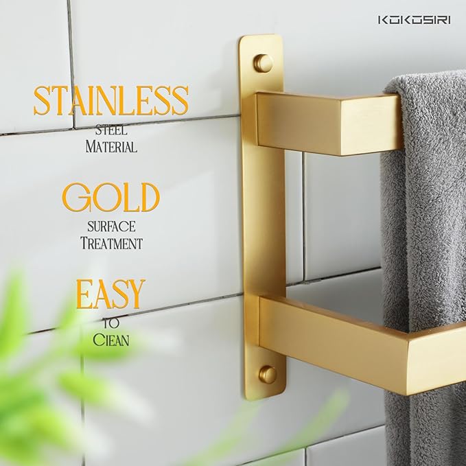 KOKOSIRI Bath Towel Bars Bathroom 2-Tiers Ladder Brushed Gold Towel Rails 24 Inches Towel Holders Wall Mounted Towels Shelves Rack Stainless Steel, B5008BG-L24
