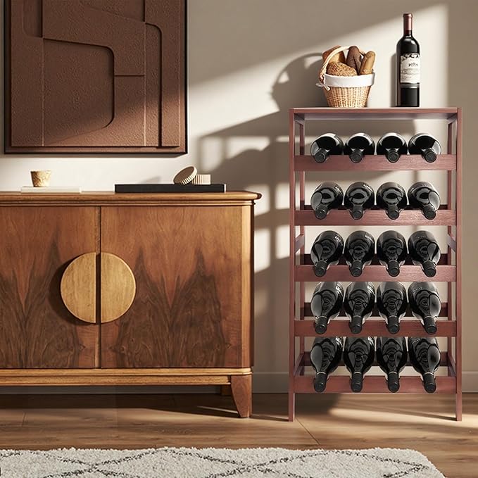 20 Bottle Wooden Wine Rack with Table Top, 5 Tier Bamboo Freestanding Floor Wine Storage Holder, Retro Minimalist Style Home Decorations Wine Display Shelves for Kitchen Dining Room Bar