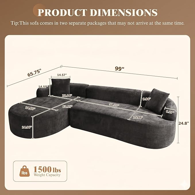 99" Curved Sectional Sofa with Chaise, Modern Boneless Couch with Deep Seat, L Shaped 3-Seater Cloud Couch for Living Room, No Assembly Needed, Chenille (Black, Left Chaise+Right Sofa)