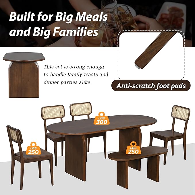 Merax 6 Pieces Modern Dining Set for 6, 71" Oval Rubberwood Dining Table with Bench and 4 Rattan Backrest Chairs for Dining Room, Living Room, Kitchen, Brown