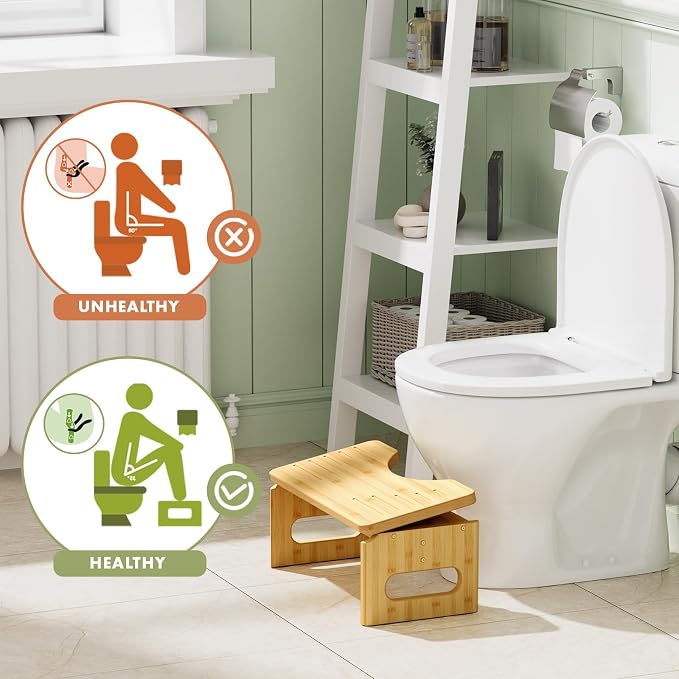 AmazerBath 7 Inches & 9 Inches Adjustable Height Bamboo Toilet Stool Squat Adult for Bathroom Poop Stool with Built-in Bracket, Potty Step Stool with Non-Slip Layer for Bathroom Natural Color