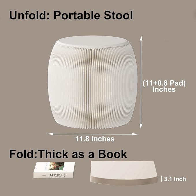11 Inch Drum-shaped Collapsible Accordion Folding Stool, 660lbs Weight Capacity Kraft Paper Ottoman Seat with Cushion, Portable Space-Saving Foot Rest Stool for Home, Dorm & Office (11 Inch, White)