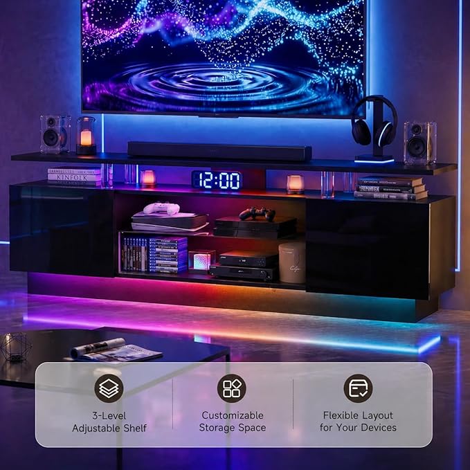 70” High-Glossy TV Stand with 2 Side Cabinets, Modern Stylish TV Console with 3 Layer LED Lights,Gaming TV Media Console with Adjustable Glass Shelf, Remote&APP Control, Black