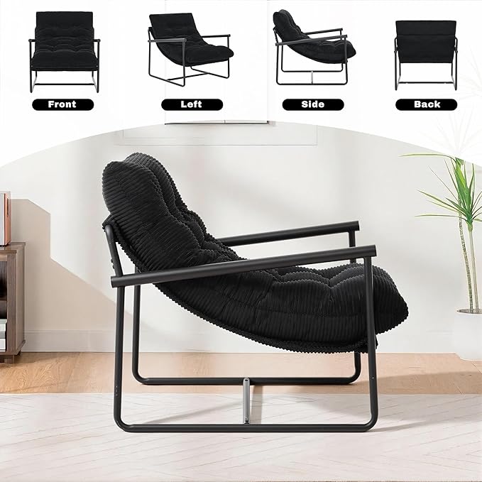 Modern Accent Chair Set of 2, Living Room Chair with Metal Frame,Upholstered Arm Chair with Soft Cushion for Bedroom Lounge Reading Room (Black)