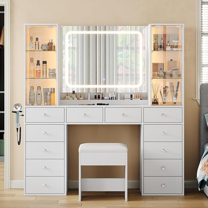 Yanosaku Vanity with 12 Drawers & 2 RBG Lights Cabinets, Makeup Vanity with Mirror and Lights, Vanity Desk with Power Outlet, Tempered Glass Top, Ample Storage, Makeup Vanity Desk for Bedroom, White