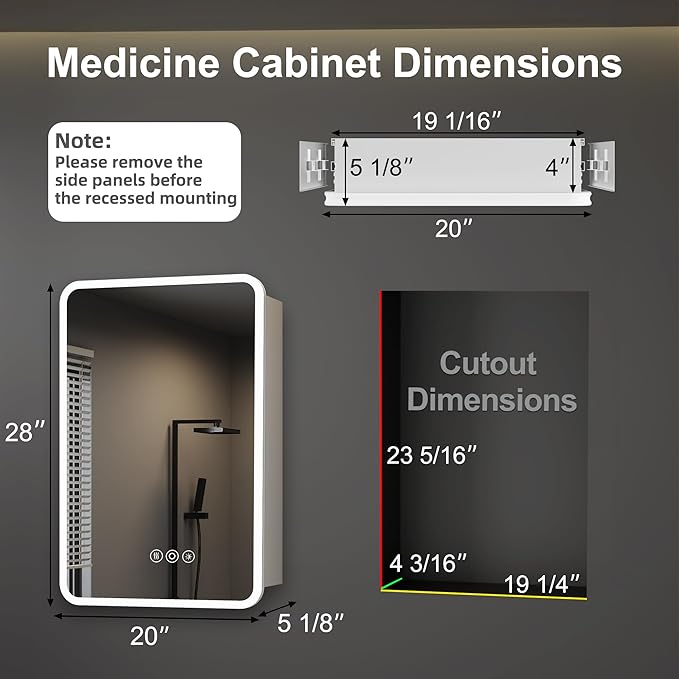 Medicine Cabinet with LED Lights and Mirror, 20 x 28 Inch Surface or Recessed Mounted Bathroom Cabinet with Door, Defogger, Memory Function, 3-Color Mode, Outlet&USB, Dimmer, Storage Shelf