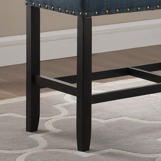 Roundhill Furniture PB162BU Biony Fabric Counter Height Dining Bench with Nailhead Trim, Blue