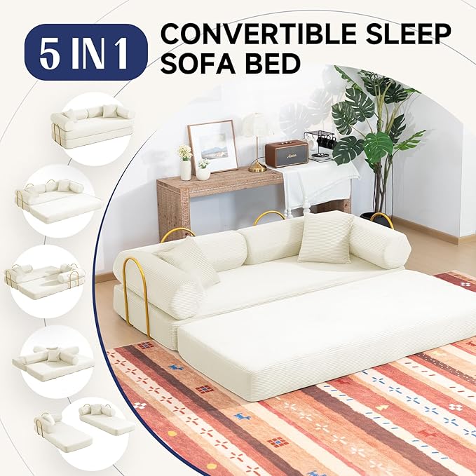 79" Boneless Couches for Living Room, Corduroy Sofa Bed with 2 Pillows,Side Pockets,Hex Arm, 5-in-1 Loveseat Sleeper Sofa for Small Spaces, High-Density Foam Couch, No Assembly, White