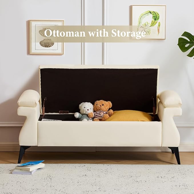 Furniliving 51”Ottoman with Storage, Upholstered End of Bed Bench with Armrest Cushion, Ottoman Bench, Faux Leather Bedroom Bench, Bed Bench with Storage, for Living Room, Entryway, Beige