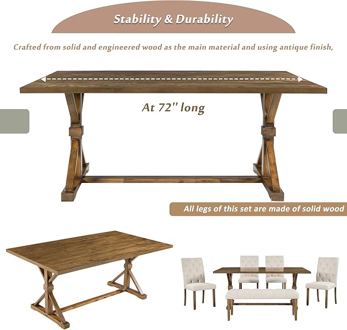 Harper & Bright Designs 6-Piece Farmhouse Dining Table Set 72" Wood Rectangular Table, 4 Upholstered Chairs with Bench (Walnut)