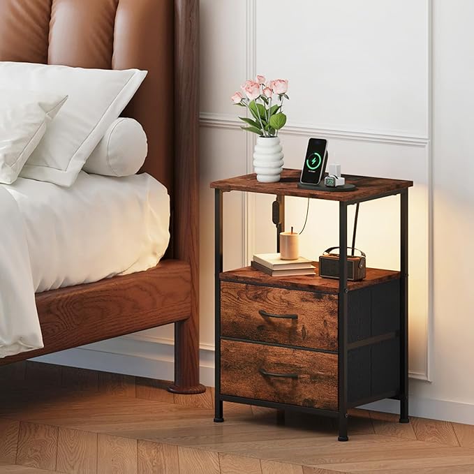 Somdot 2 Drawers Nightstand with Charging Station and LED Light for Bedroom, Small Dresser with Fabric Bins for Bedside Kids Dorm Room Closet Laundry Entryway, Wood Grain Print