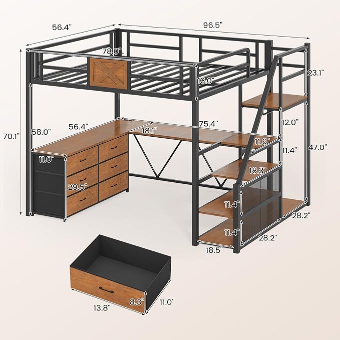 Itaar Full Size Loft Bed with Desk and Storage Stairs, Metal Loft Bed with 6 Storage Drawers, Hall Tree, LED Lights and Power Outlet, for Kids, Teens, Adults, Rustic Brown