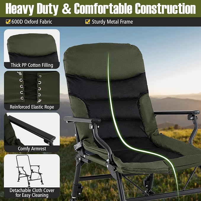 GYMAX Foldable Fishing Chair, Heavy Duty All-Terrain Camping Chair, 180° Adjustable Padded High-Back, Portable Recliner for Outdoor Patio Beach (No Footrest)