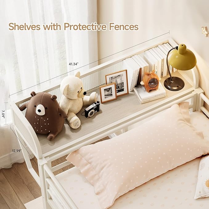 Bunk Bed Twin Over Twin, Metal Bunk Beds with Power Outlets & Desk, Heavy-Duty Bunkbeds Frame with Safety Guardrail & Ladders, Upper Bed with Storage Rack, No Box Spring Needed, for Juniors, White