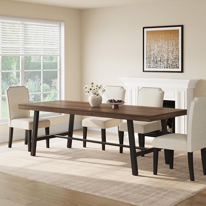 GarveeHome Industrial Dining Table for 8-10 People, 86.61" Long Large Kitchen Table with Sturdy Metal Frame, Rectangular Counter for Dinner, Kitchen, Dining Room (Brown, 87" Non-extendable)