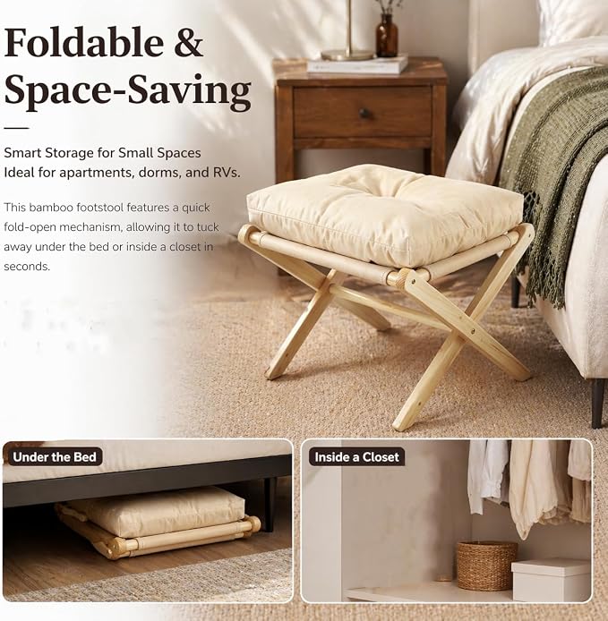 Foldable Foot Stool Ottoman,Bamboo Foldable Stool, Foot Stools Small Ottman with Upholstered & X Legs,Small Ottoman Stool Chair for Bedroom Living Room, Footstool for Chair Couch