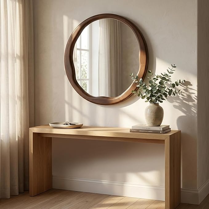 Dark Walnut Round Wall Mirror 24 Inch, Solid Wood Framed Mirror with Asymmetrical Wavy Inner Edge for Entryway, Organic Decor for Hallway & Bathroom