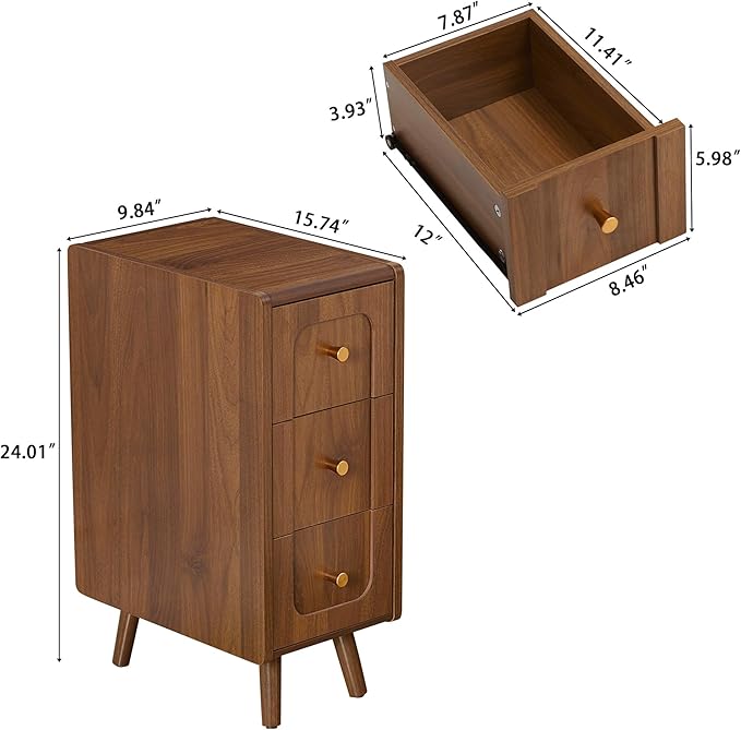 Narrow Nightstands with 3 Drawers, Wooden Farmhouse Bedside Tables, Slim End Tables with Storage, Small Night Stand for Bedroom, Living Room, Small Spaces