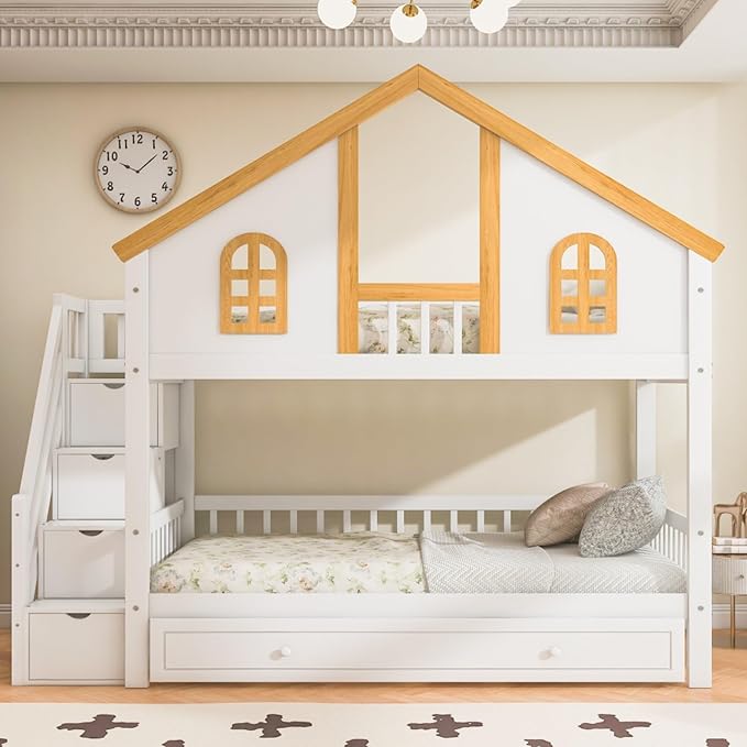 Twin Over Twin Bunk Bed with Trundle and Storage Stairs, House Triple Bunk Castle Bed with Roof and Windows, Bookshelf, Space Saving for Kids, Boys, Girls, Adults, White