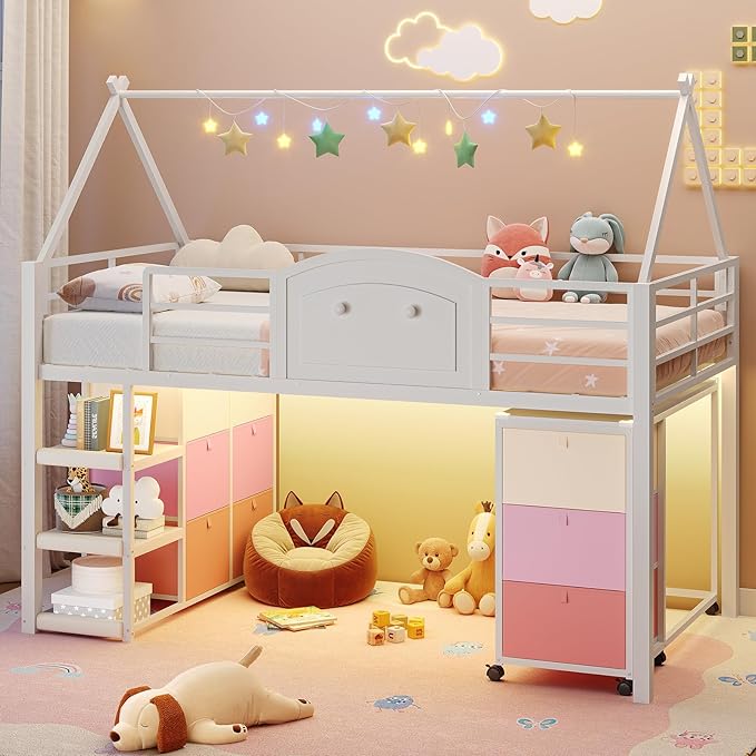 VIAGDO Twin Loft Bed with Desk and Storage for Kids, Metal Low Loft Bed Twin with 9 Drawers, 3-Tier Shelves, Led Lights, Safety Guardrail, No Box Spring Needed,White | 9 Storage Drawers
