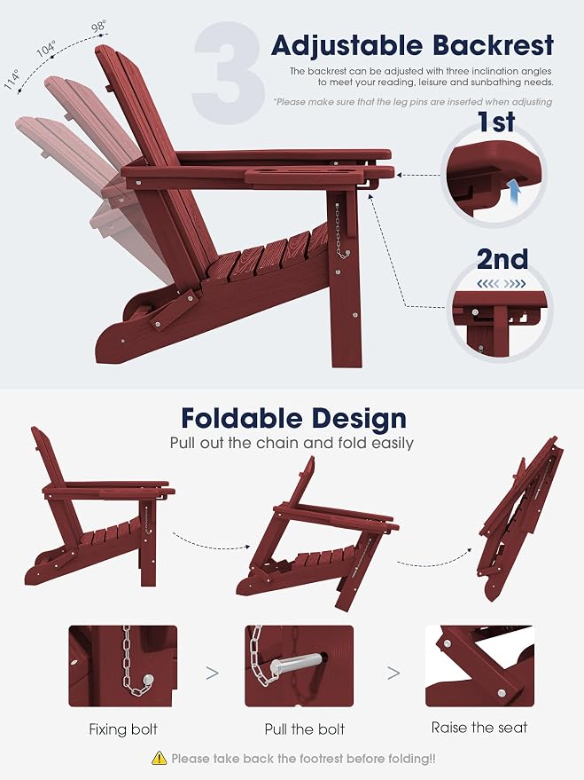 KINGYES Adjustable Folding Adirondack Chair with Footrest & 4-in-1 Multi-Functional Armrest Organizer Set of 4, HDPE Foldable Recliner Adirondack Chair with Pull-Out Ottoman, Red