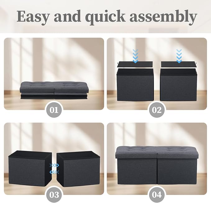 Bsketa Storage Ottoman Bench with Folding Lid Ⅲ, Foot Stools Opens on Both Ends, Footrest Foldable Linen Chest for Living Room, Bedroom, Entryway, End of Bed Storage Blanket Ottomans Dark Gray