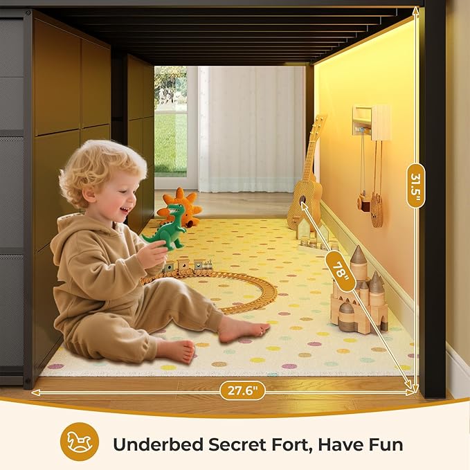 ADORNEVE Low Loft Bed Twin Size with 8 Storage Drawers, Twin Loft Bed with Bookcase and LED Lights, Metal Kids Loft Bed with 14" H Safety Guardrail, Under-Bed Play Space, No Box Spring Needed, Natural