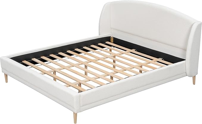 Hazel California King Size Bed Frame, Upholstered Platform Bed, Soft Boucle Headboard, Wood Bed Support and Slats, Curved-Shaped Headboard California King Bed, 43.90" H White