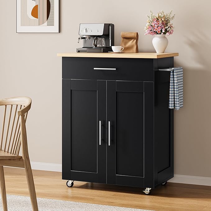 OtterOasis Kitchen Island Cart with Storage, Small Kitchen Island on Wheels with Large Drawer, Adjustable Shelf & Towel Rack, Rolling Island Table for Kitchen & Dining Room, Black