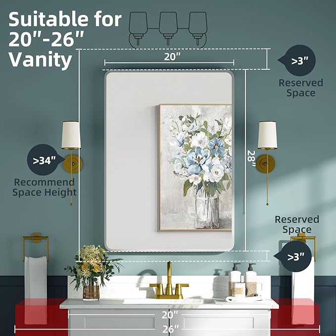 Medicine Cabinet 20 x 28 Inch, Silver Bathroom Medicine Cabinet with Mirror,Metal Beveled Mirror, Adjustable Shelves, Recessed or Wall Mount, Sturdy & Solid, Bathroom Mirror with Storage