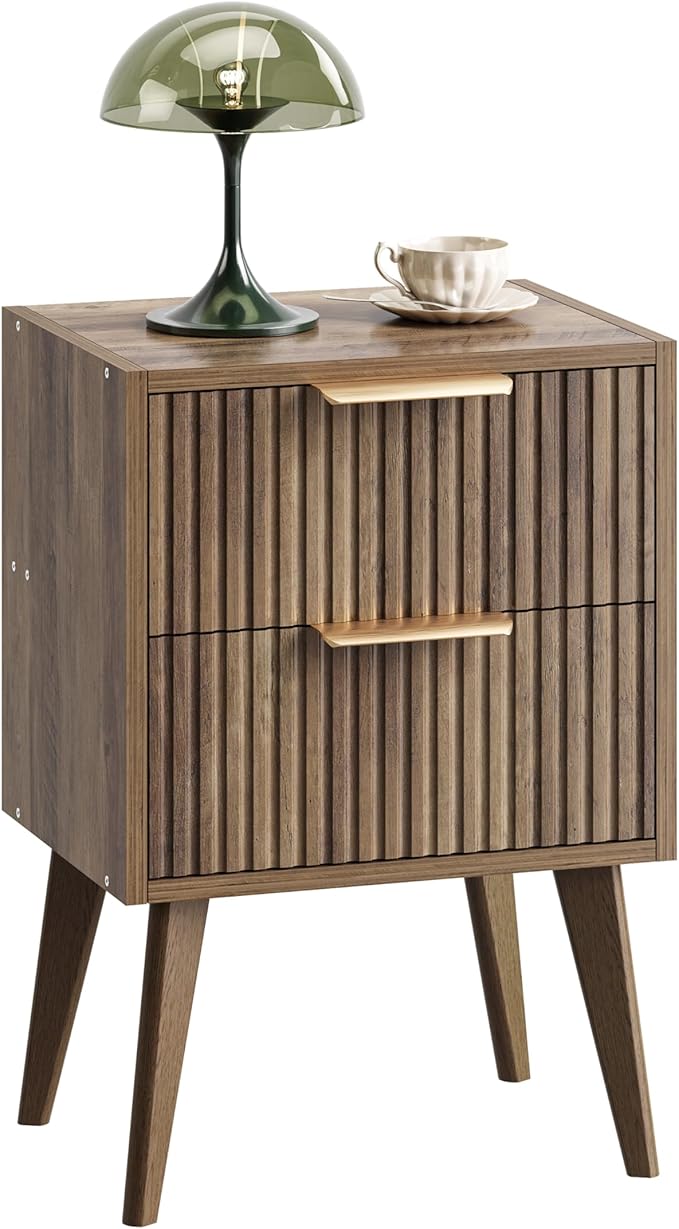 YAUKOMEL Mid Century Modern Nightstand,Small Bedside Table with 2 Drawers,Fluted Side Table,Walnut Brown End Table for Living Room,Bedroom,Small Space,Caramel Oak 11.8" D x 15.7" W x 22.8" H CTG55BR
