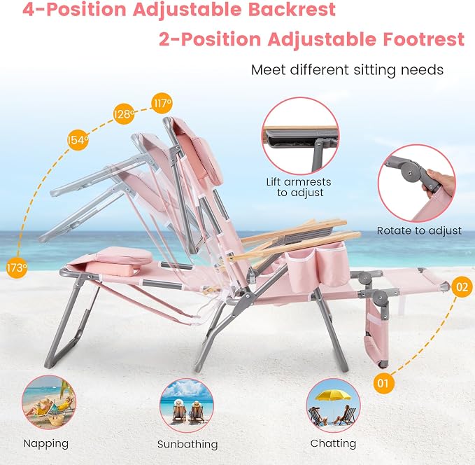 Goplus 3-in-1 Foldable Beach Chair, Lay-Flat Tanning Chair with Face and Arm Holes, Footrest, 330 lbs Heavy-Duty Portable Reclining Lounge Chairs for Outside, Camping, Patio, Poolside, Lawn (1,Pink)