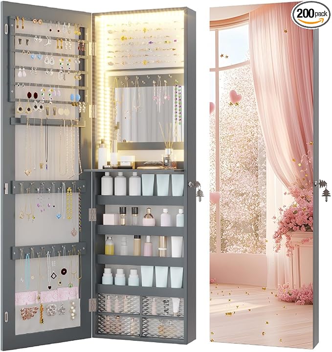 Vlsrka 47.2" LED Grey Jewelry Mirror Cabinet, Wall/Door Mounted Jewelry Armoire Organizer with Full-Length Mirror, Large Capacity Storage Hanging Cabinet, 4 Drawers, 5 Shelves