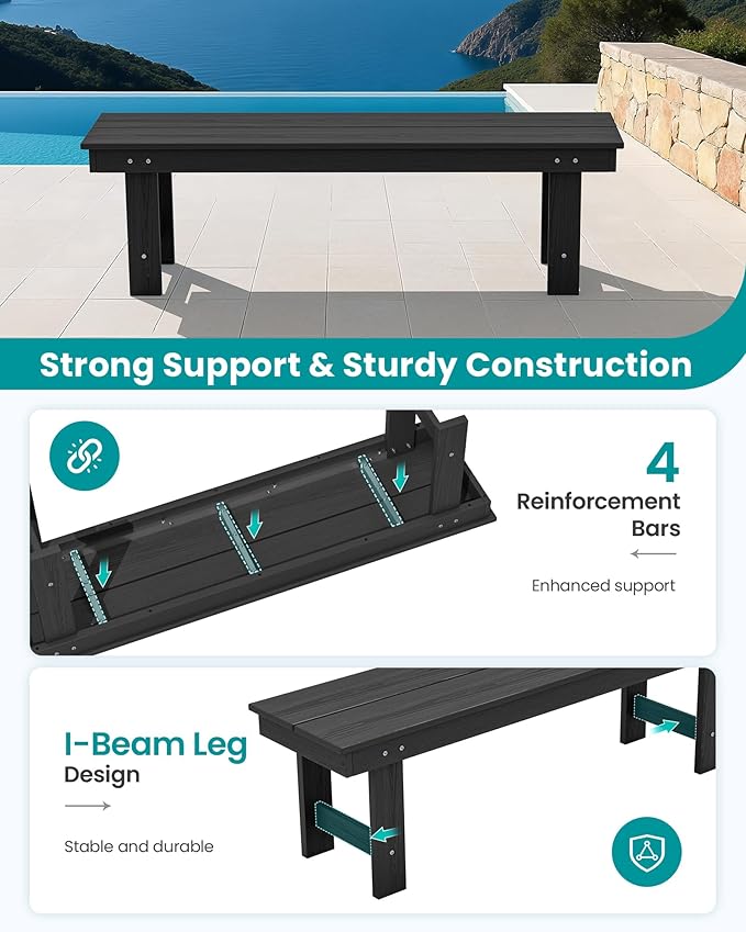 SERWALL 2-Person Outdoor Bench Backless, HDPE Outdoor Benches Weatherproof, 660 Lbs Weight Capacity, Poly Lumber Patio Furniture for Garden, Porch and Park, Black, 2 Pack