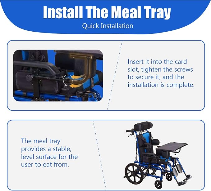 High Back Functional Wheelchair for Children and Teenagers with Cerebral Palsy 16 Inch Seat Width 180 Degree Recline Removable Dining Board Blue