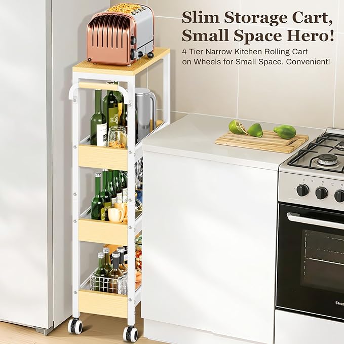 Utility Slim Storage Cart with Wheels, 4 Tier Slim Rolling Cart, Slim Rolling cart for Kitchen,Small Rolling Cart with Wood Top, Skinny Metal Organization Trolley Laundry with Handle for Small Space