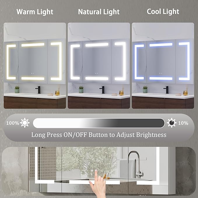 DEYGIA LED Medicine Cabinet with Mirror for Bathroom, Assembly-Free Lighted Medicine Cabinet, Defog, Stepless Dimming, 3 Colors, 2 Outlets, 2USB, Aluminum Wall Mounted Mirrored Cabinets, 40”Wx24“H
