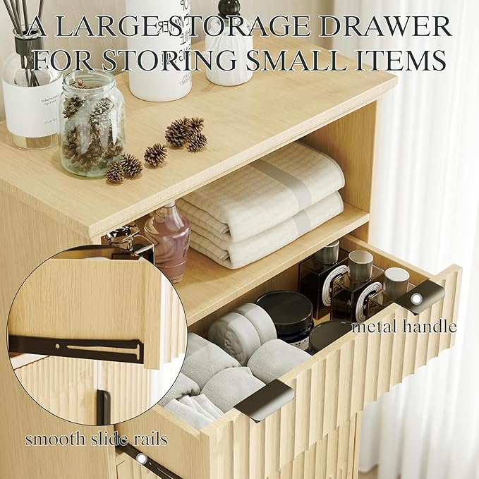 Fatmok Buffet Cabinet with Storage Set of 3, 40" Modern Fluted Coffee Bar Cabinet with Drawer & Open Shelf, Wood Buffet Sideboard Console Table for Entryway, Kitchen, Living Room (Natural Wood)