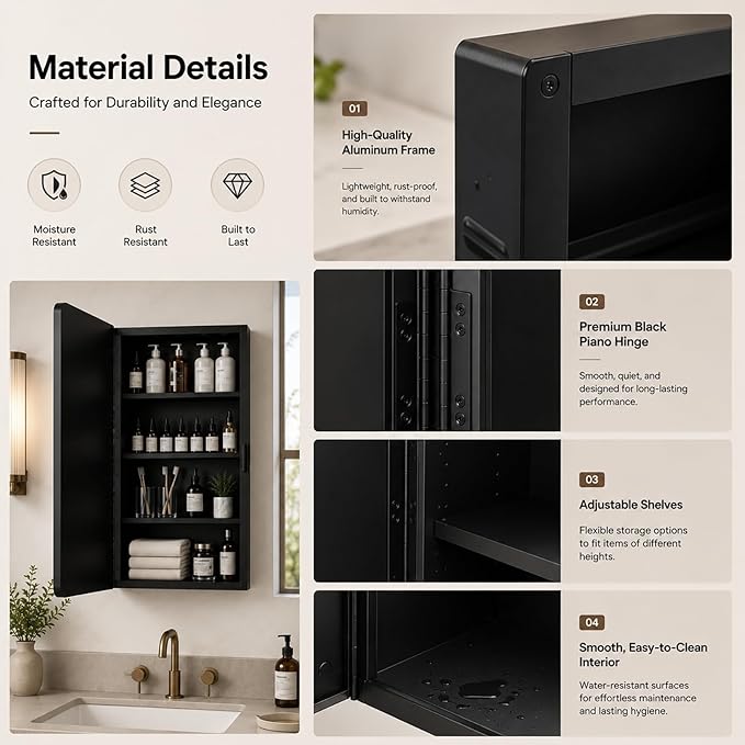 Medicine Cabinet with Mirror 16x24 inch, Black Recessed or Surface Wall Mount Bathroom Cabinets with Adjustable Shelves and Metal Framed