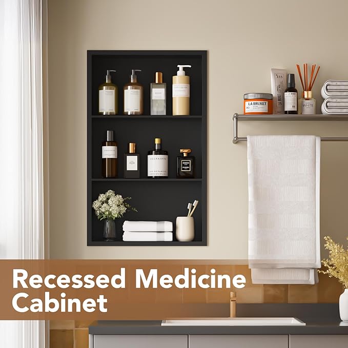 14x24 Recessed Medicine Cabinet, Bathroom Wall Cabinet, 304 Stainless Steel Recessed Wall Niche with 3-Tiers Shelves, Matte Black