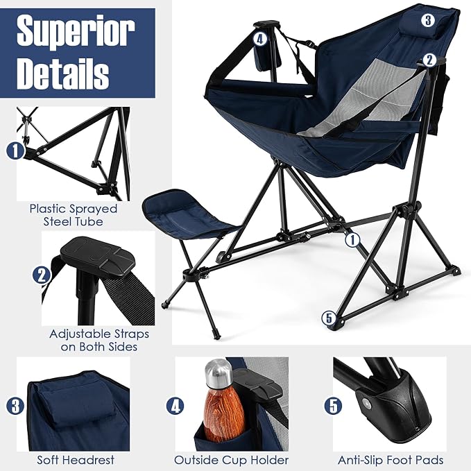 Giantex Outdoor Hammock Camping Chair - Rocking Chair with Removable Footrest, Adjustable Backrest, Pillow, Cup Holder, Storage Bag, Portable Swinging Chair for Poolside Patio Folding Chair (1, Navy)
