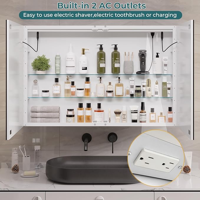 DICTAC Medicine Cabinet with Mirror and LED Light, Wall Mounted Bathroom Mirror with Storage, 3 Doors Bathroom Wall Cabinet, Memory Dimmable 3 Color Temp, Adjustable Shelves, 35.4''x23.6''