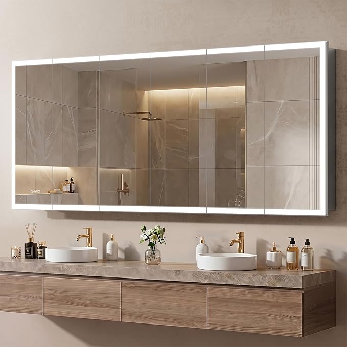 96"x40" LED Lighted Medicine Cabinet Mirror with Electrical Outlet & USB, Anti-Fog, 3 Color Temperature Stepless Dimmable, Aluminum Cabinet for Bathroom Storage and Modern Decor