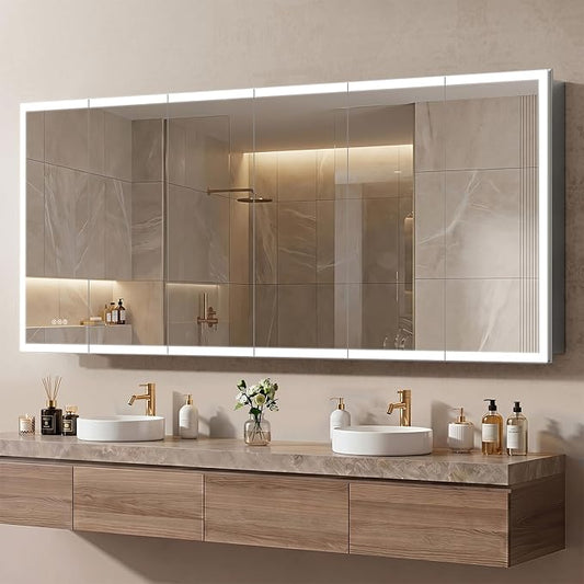 96"x40" LED Lighted Medicine Cabinet Mirror with Electrical Outlet & USB, Anti-Fog, 3 Color Temperature Stepless Dimmable, Aluminum Cabinet for Bathroom Storage and Modern Decor