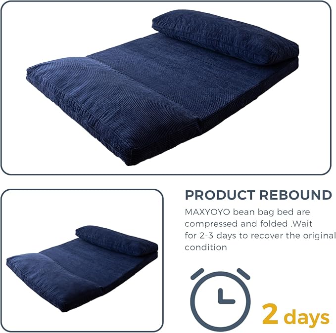 MAXYOYO Folding Sofa Bed, Extra Thick and Long Floor Sofa Convertible Sleeper Chair with Washable Cover, Floor Couch Lounge Bean Bag Bed for Living Room, Navy, 39x95 Inch