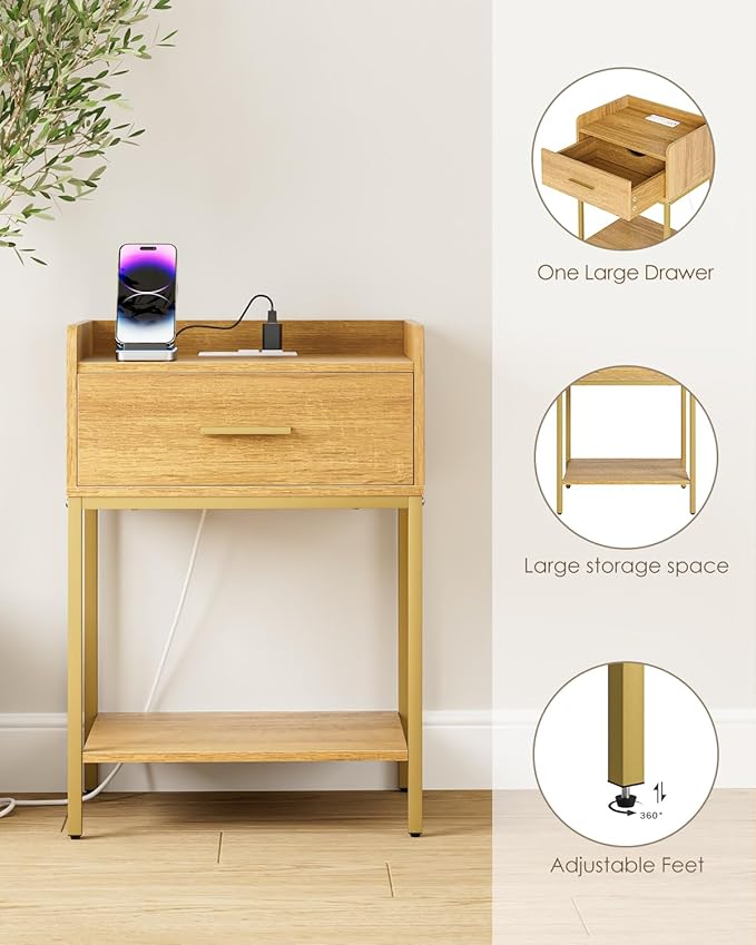 Nightstand with Charging Station, Modern Bedside Table with Drawer and Legs,Oak and Gold Night Stand with Open Shelf, Narrow Side Table for Bedroom, Living Room