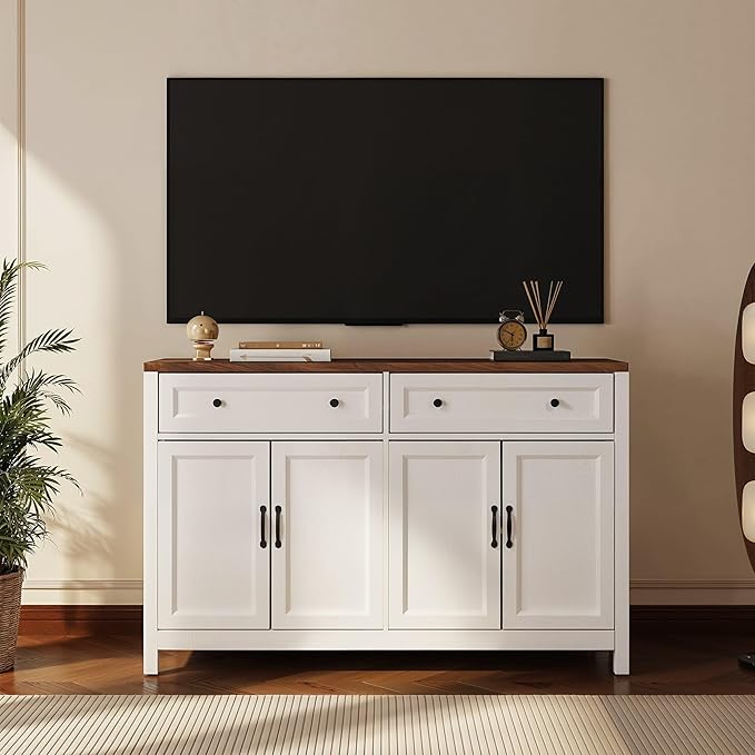Gizoon Farmhouse Kitchen Sideboard Buffet Cabinet with Storage, Wood Coffee Bar and Storage Sideboard with Drawers and Doors for Kitchen, Dining Room, 15.7" D x 55.1" W x 35.3" H, White/Rustic Brown